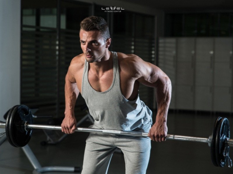 Ảnh minh họa kỹ thuật Bent-Over Rows, người tập cúi người, kéo tạ đòn về phía bụng