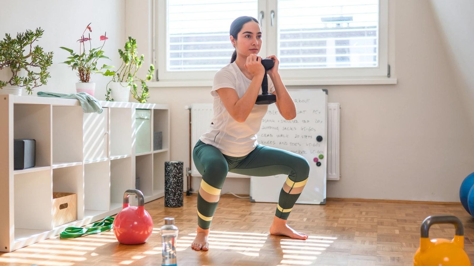 Minh họa phụ nữ thực hiện bài goblet squat giữ tạ đơn trước ngực.